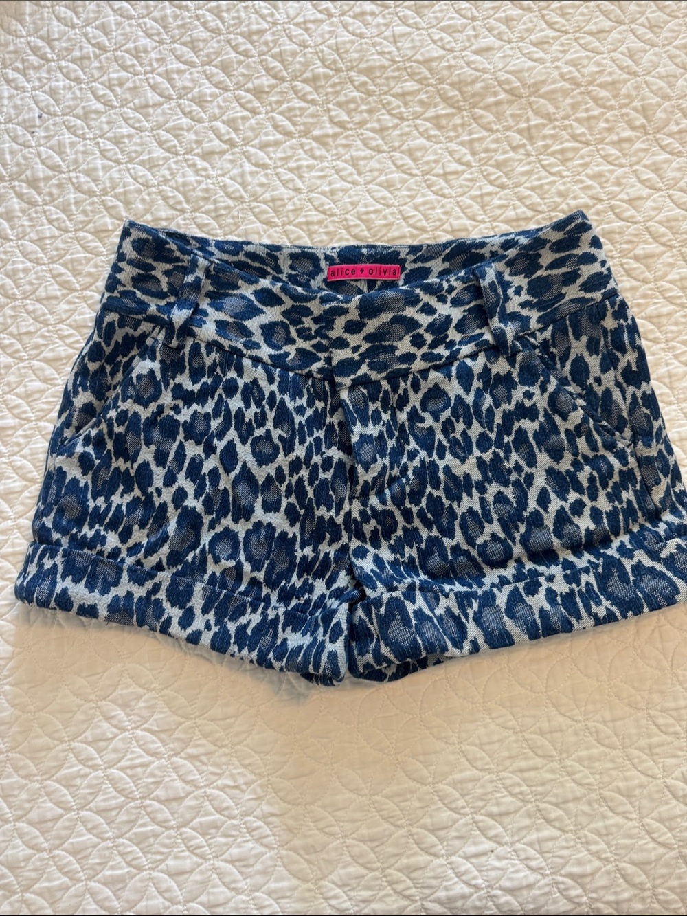 Alice + Olivia Navy and White Leopard Print Denim Shorts